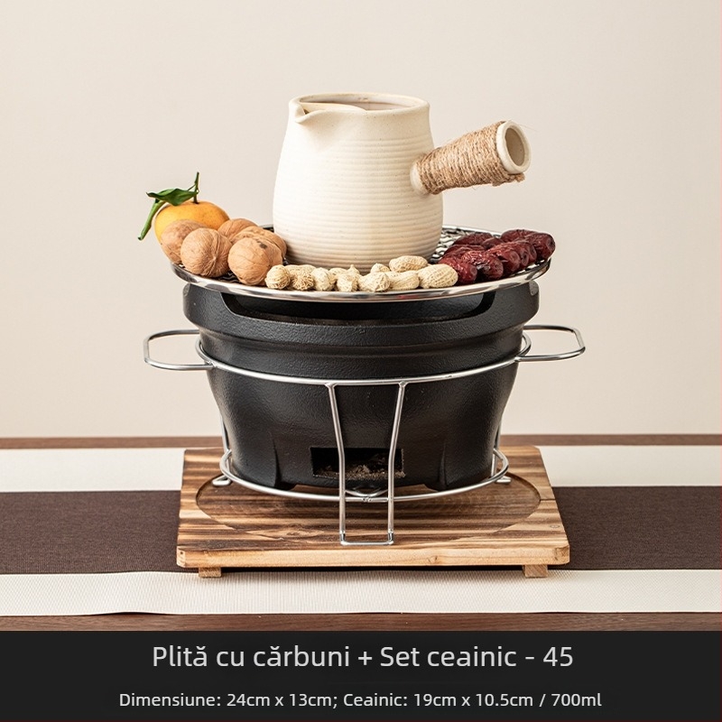 Ceainic ceramic și sobă cu cărbune — set complet de unelte și accesorii
