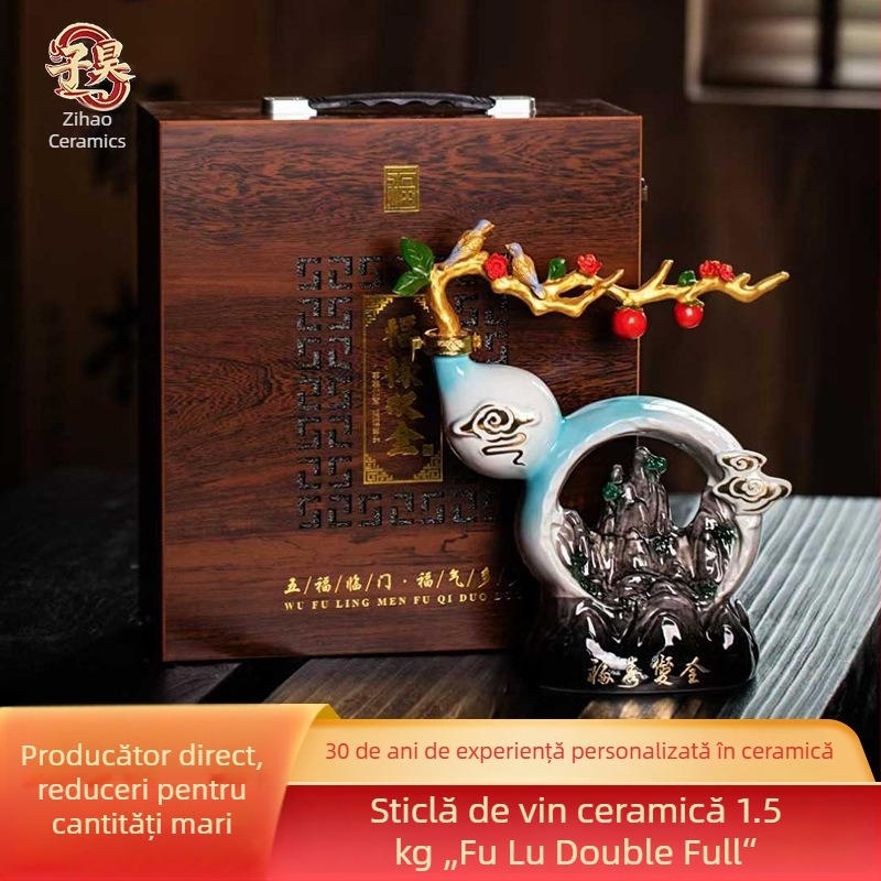 Decantor ceramic emailat, cu model Binecuvântări și Prosperitate, sticlă de băuturi închisă pentru uz casnic
