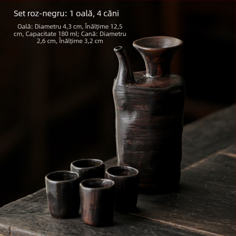 Set ceramic pentru servirea vinului și sake, cu o oală și patru pahare, în stil vintage