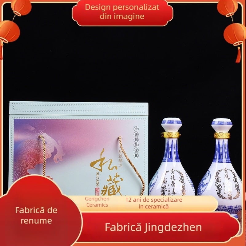 Sticlă ceramică sigilată pentru vin Jingdezhen, albastru-alb, 0,5 kg, etanșă, fără scurgeri