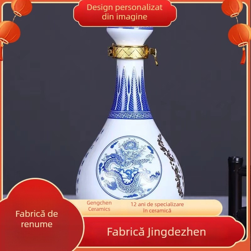Sticlă ceramică sigilată pentru vin Jingdezhen, albastru-alb, 0,5 kg, etanșă, fără scurgeri