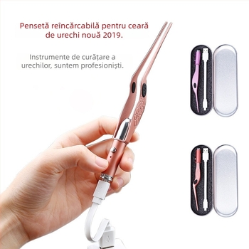 Set USB reîncărcabil pentru curățarea urechilor cu lingură de urechi iluminată și clește pentru cerumen, instrument vizual de igienă a urechilor