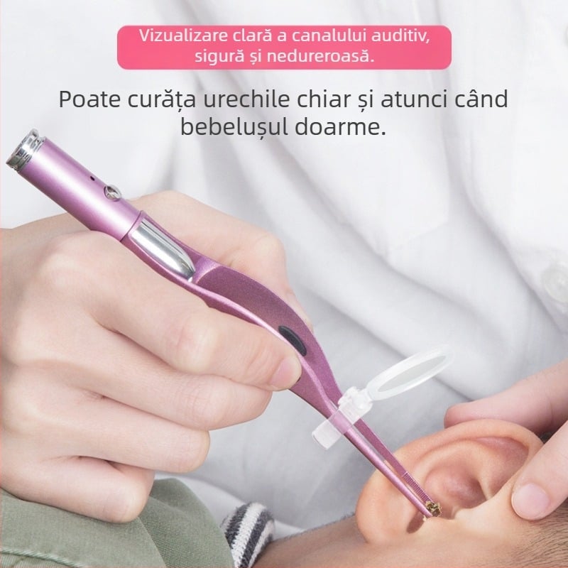 Set USB reîncărcabil pentru curățarea urechilor cu lingură de urechi iluminată și clește pentru cerumen, instrument vizual de igienă a urechilor