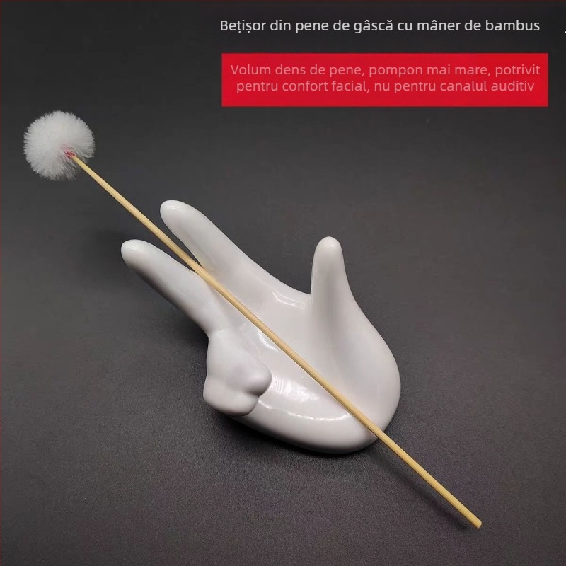 Instrument profesional pentru curățarea urechilor, cu mâner din bambus, perie cu pene de gâscă pentru relaxarea facială