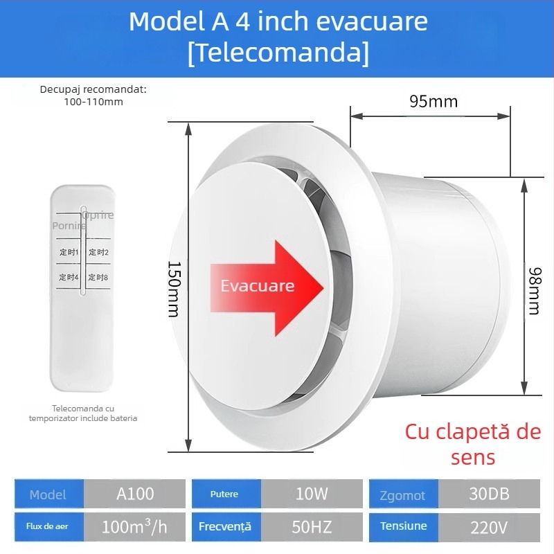 Ventilator de evacuare pentru baie, silențios, cu flux dublu, tip perete/fereastră, uz casnic, bucătărie, telecomandă