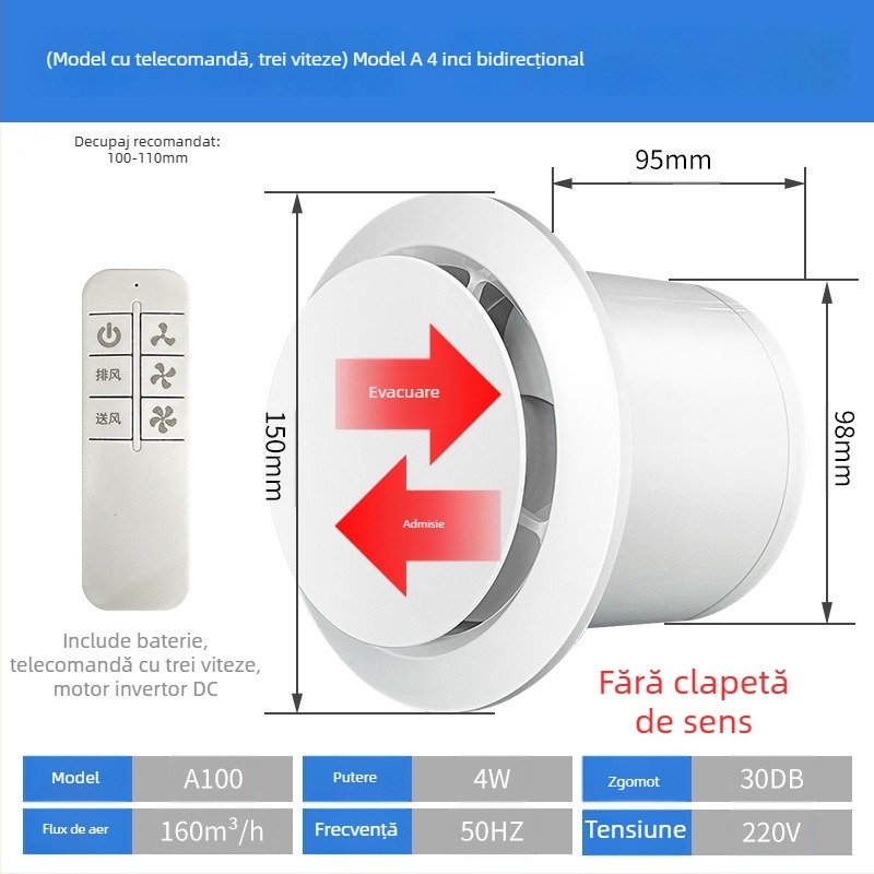 Ventilator de evacuare pentru baie, silențios, cu flux dublu, tip perete/fereastră, uz casnic, bucătărie, telecomandă