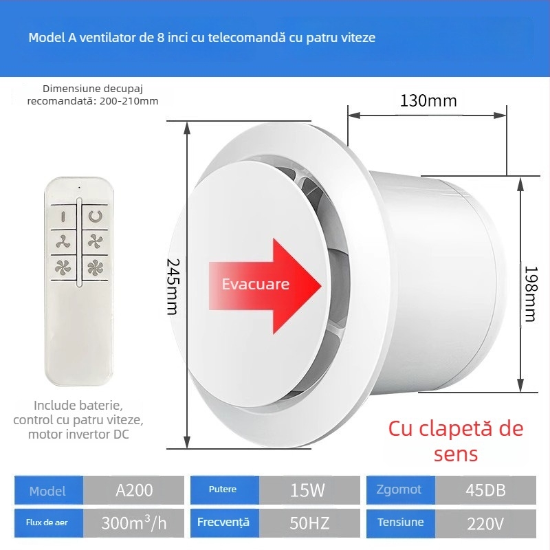 Ventilator de evacuare pentru baie, silențios, cu flux dublu, tip perete/fereastră, uz casnic, bucătărie, telecomandă