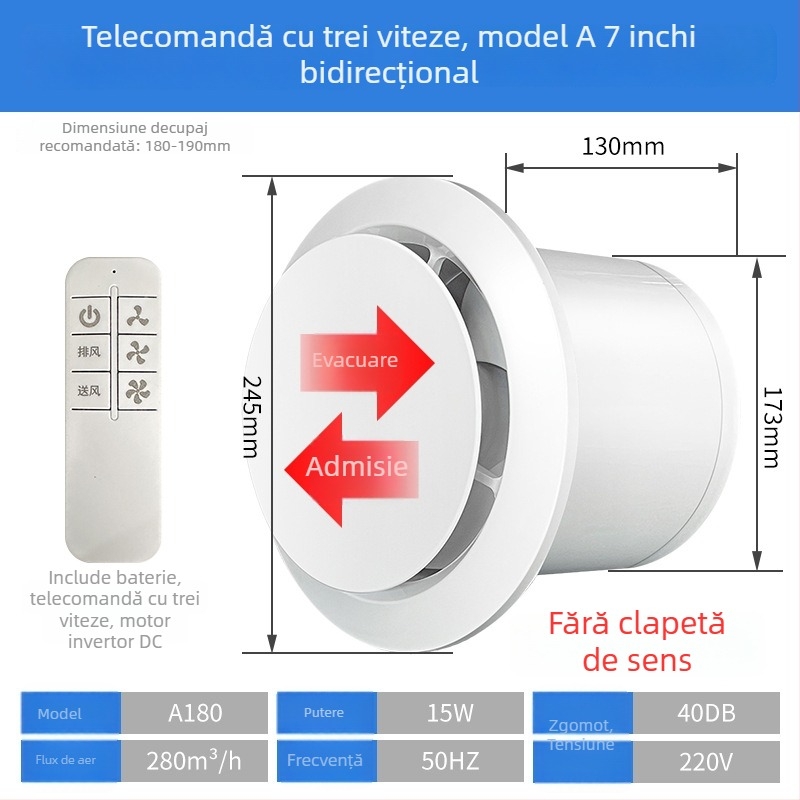 Ventilator de evacuare pentru baie, silențios, cu flux dublu, tip perete/fereastră, uz casnic, bucătărie, telecomandă