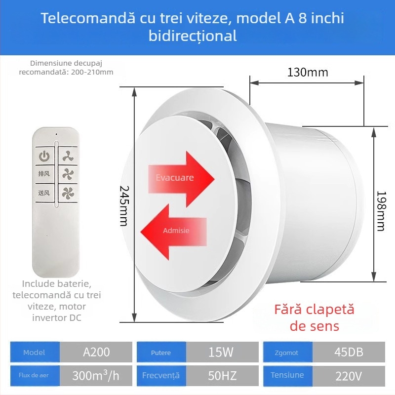 Ventilator de evacuare pentru baie, silențios, cu flux dublu, tip perete/fereastră, uz casnic, bucătărie, telecomandă