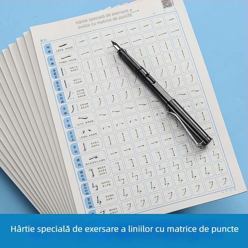 Foaie de antrenament pentru controlul scrierii pentru începători și elevi de clasa întâi — exerciții pentru trasarea liniilor și caractere frecvente