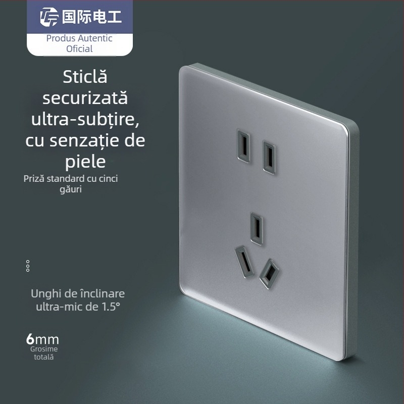 Intrerupător din sticlă gri, panou mat, montaj pe perete, tip 86, priză cu 5 găuri ultra-subțire
