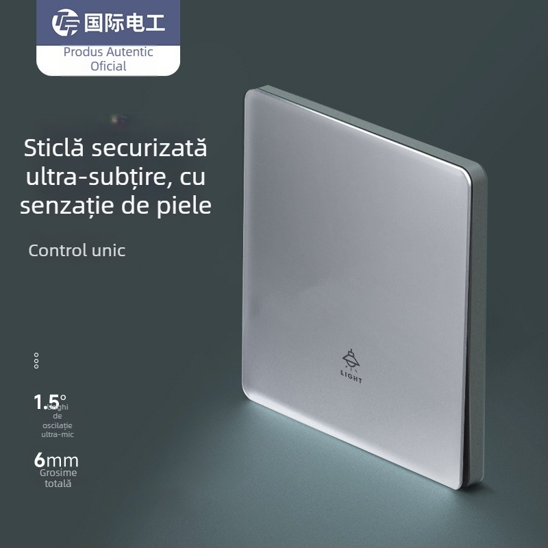Intrerupător din sticlă gri, panou mat, montaj pe perete, tip 86, priză cu 5 găuri ultra-subțire