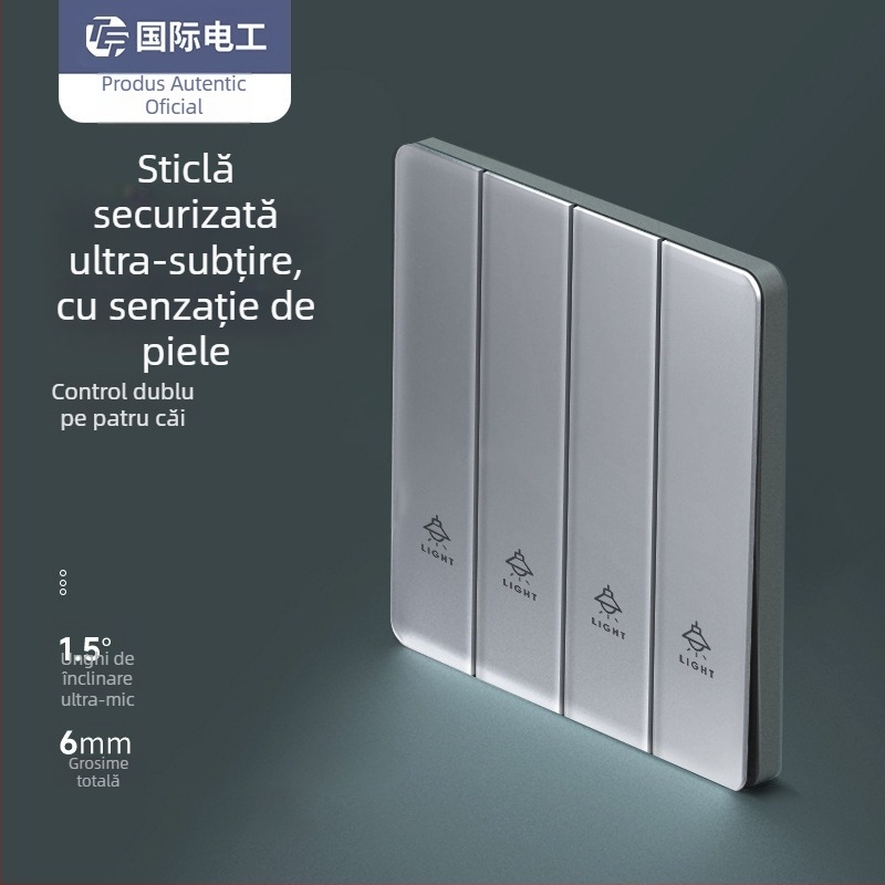 Intrerupător din sticlă gri, panou mat, montaj pe perete, tip 86, priză cu 5 găuri ultra-subțire