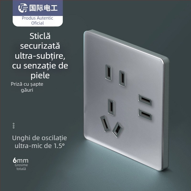 Intrerupător din sticlă gri, panou mat, montaj pe perete, tip 86, priză cu 5 găuri ultra-subțire