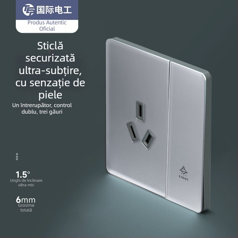 Intrerupător din sticlă gri, panou mat, montaj pe perete, tip 86, priză cu 5 găuri ultra-subțire
