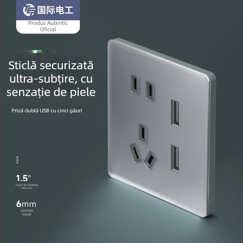 Intrerupător din sticlă gri, panou mat, montaj pe perete, tip 86, priză cu 5 găuri ultra-subțire