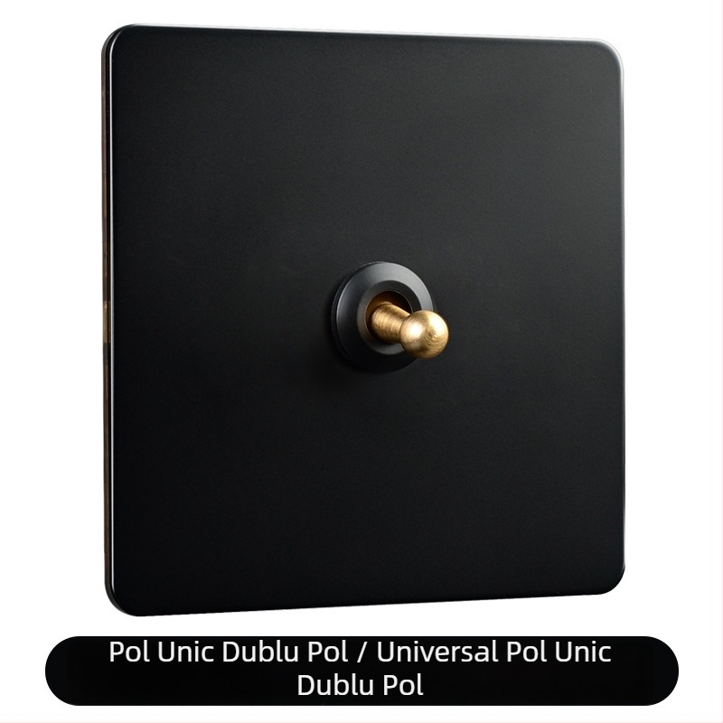Panou întrerupător din alamă cu levier, stil retro-industrial, soclu metalic negru, 86x86 mm
