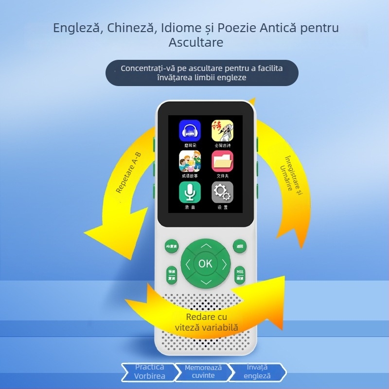 Dispozitiv portabil pentru învățarea limbii engleze, sincronizat cu manualul, pentru elevi de la ciclul primar până la liceu