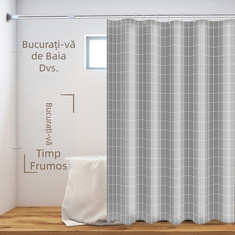 Perdea de duș în stil nordic, gri în carouri, material poliester impermeabil