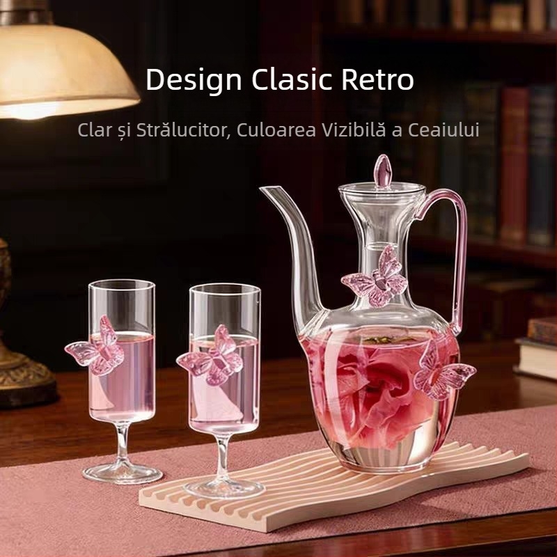 Ceainic în stil Song, model fluture, din sticlă transparentă, borosilicat înalt, pentru ceai verde