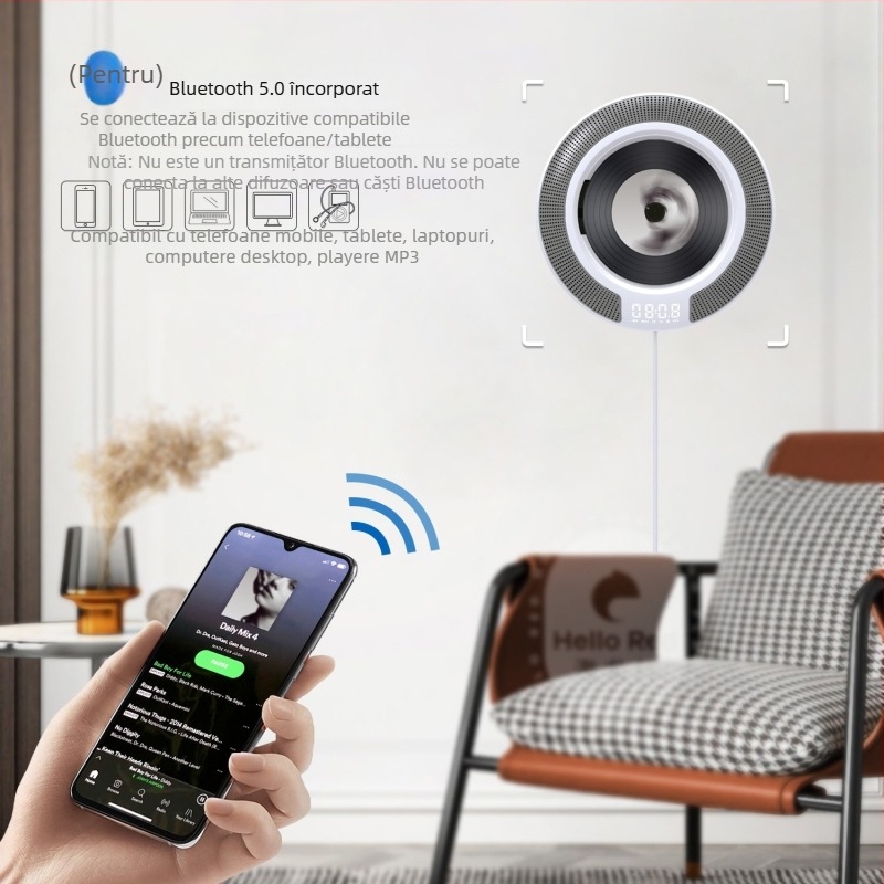 Player CD cu Bluetooth montat pe perete pentru uz casnic, cu discuri de tip album și radio, funcție de repetare în engleză, personalizabil
