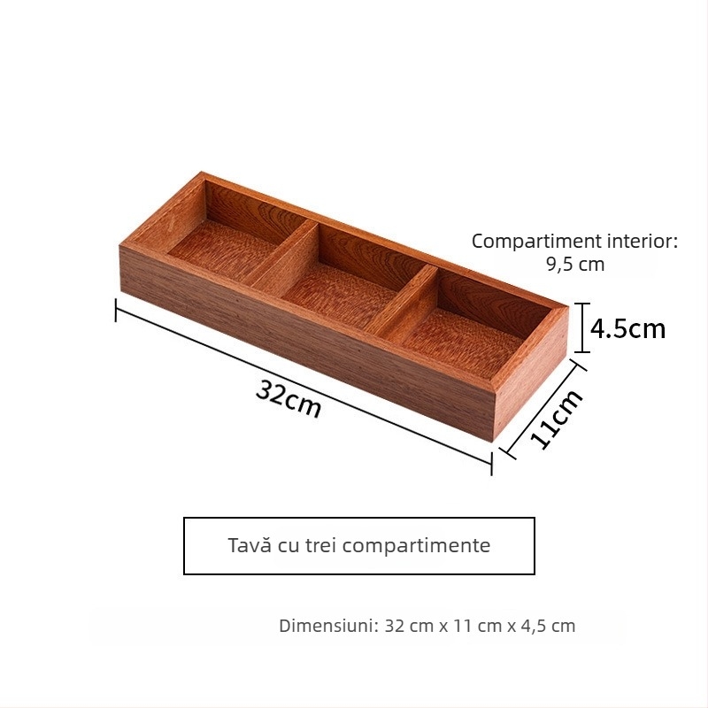 Tavă din lemn pentru ceai cu farfurioare pentru fructe și gustări, compartimente în 9 pătrate, stil retro, diametrul 24 cm