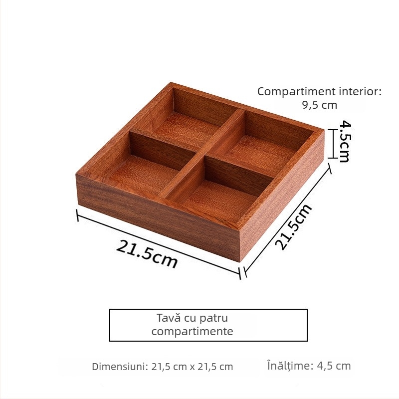 Tavă din lemn pentru ceai cu farfurioare pentru fructe și gustări, compartimente în 9 pătrate, stil retro, diametrul 24 cm