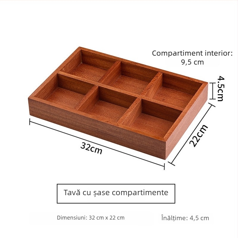 Tavă din lemn pentru ceai cu farfurioare pentru fructe și gustări, compartimente în 9 pătrate, stil retro, diametrul 24 cm