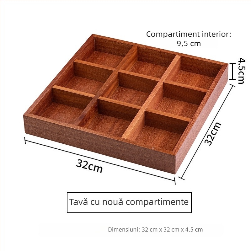 Tavă din lemn pentru ceai cu farfurioare pentru fructe și gustări, compartimente în 9 pătrate, stil retro, diametrul 24 cm