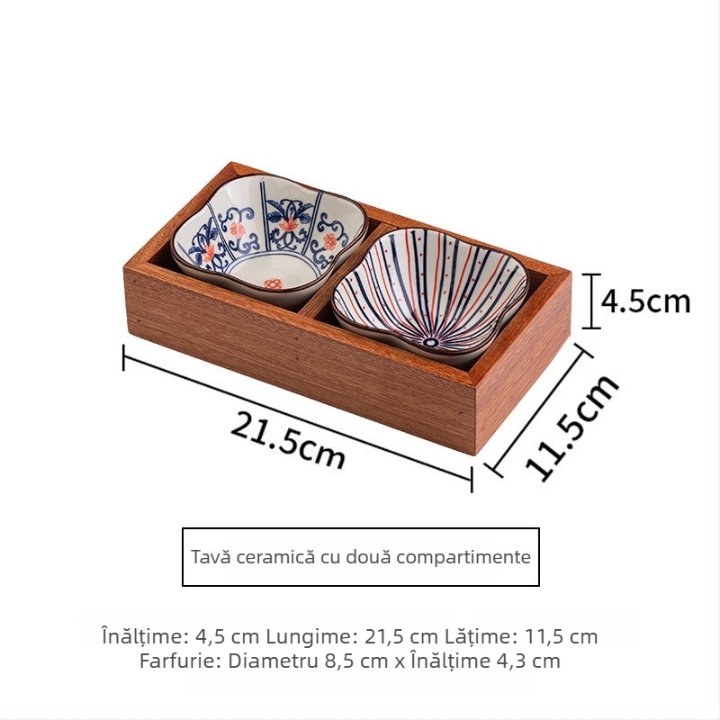 Tavă din lemn pentru ceai cu farfurioare pentru fructe și gustări, compartimente în 9 pătrate, stil retro, diametrul 24 cm