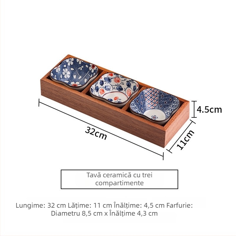 Tavă din lemn pentru ceai cu farfurioare pentru fructe și gustări, compartimente în 9 pătrate, stil retro, diametrul 24 cm