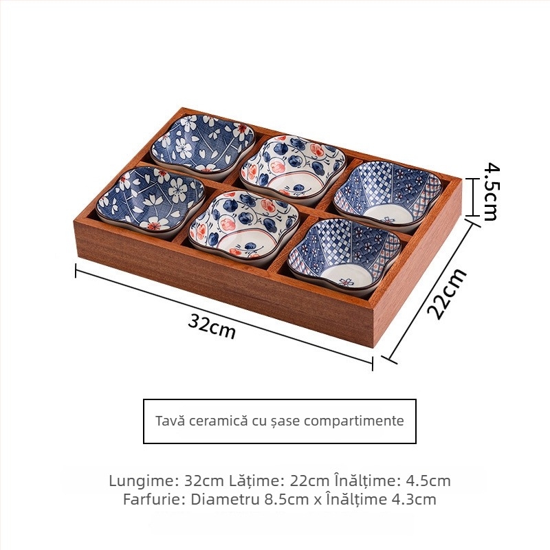 Tavă din lemn pentru ceai cu farfurioare pentru fructe și gustări, compartimente în 9 pătrate, stil retro, diametrul 24 cm