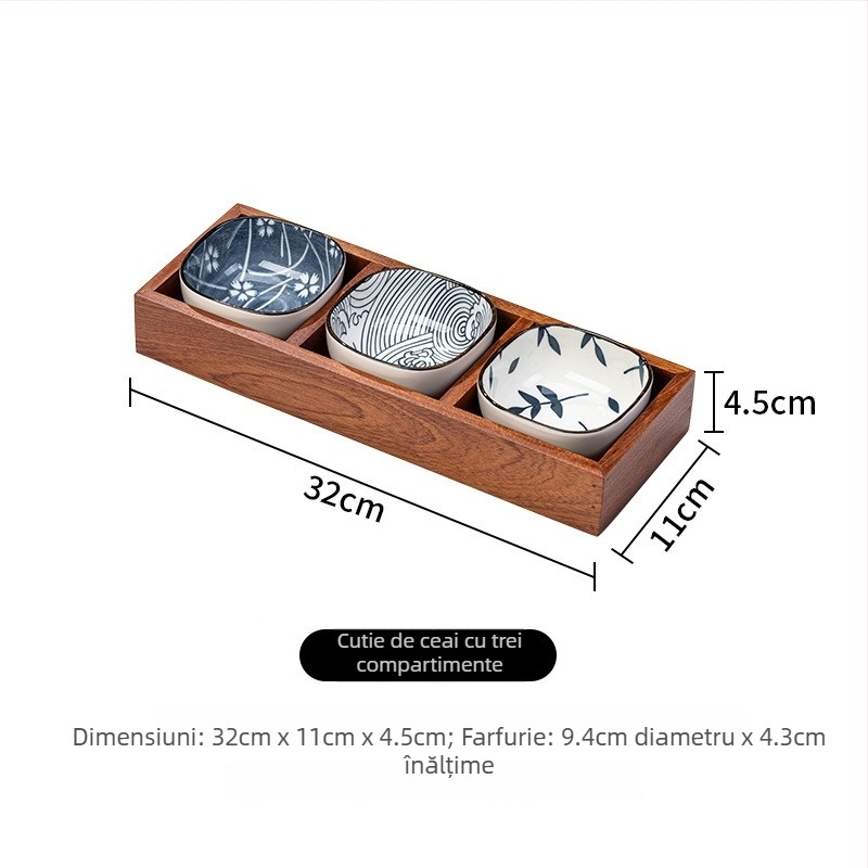 Tavă din lemn pentru ceai cu farfurioare pentru fructe și gustări, compartimente în 9 pătrate, stil retro, diametrul 24 cm