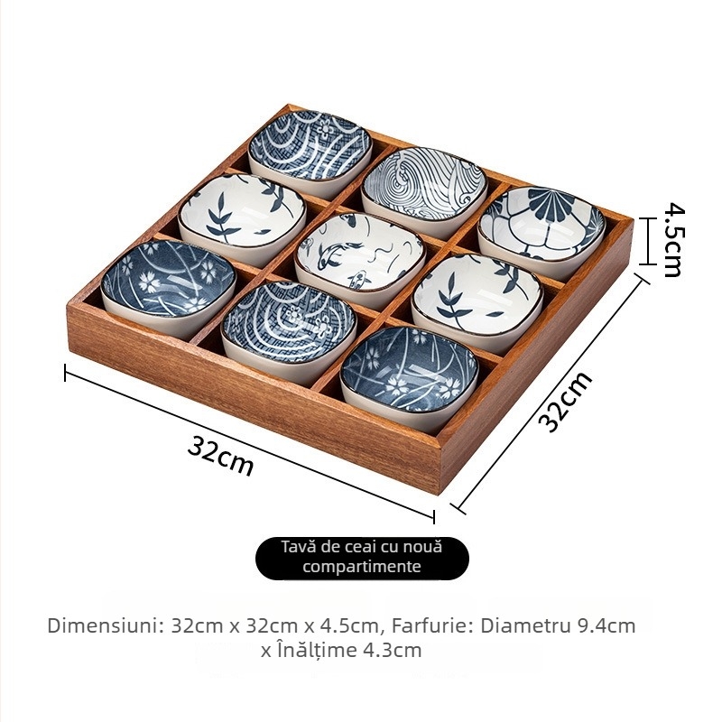 Tavă din lemn pentru ceai cu farfurioare pentru fructe și gustări, compartimente în 9 pătrate, stil retro, diametrul 24 cm