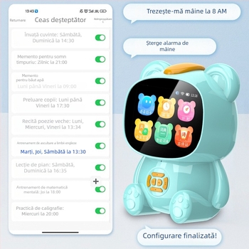 Robot ceas inteligent pentru gestionarea timpului și învățarea limbii engleze la școala primară, cu dispozitiv de citire