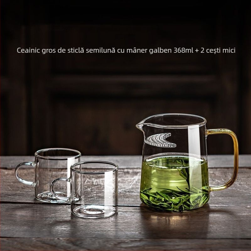 Ceainic din sticlă rezistentă la temperaturi, în formă de semilună, cu filtru încorporat și capacitate mare pentru prepararea ceaiului