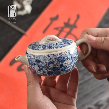 Ceainic ceramic albastru‑alb, gură largă, stil Han retro, capacitate mică, set Gongfu de înaltă calitate