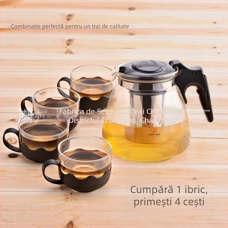 Ceainic din sticlă cu inserție din oțel inoxidabil, sticlă rezistentă la temperaturi înalte