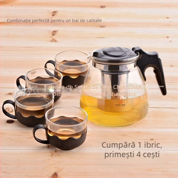 Ceainic din sticlă cu inserție din oțel inoxidabil, sticlă rezistentă la temperaturi înalte