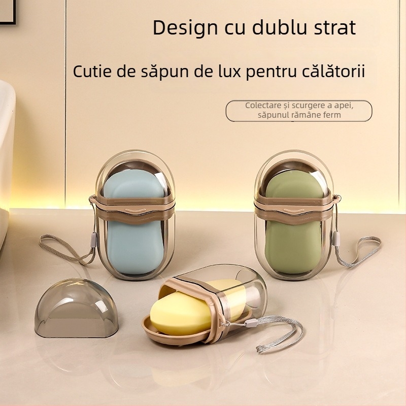 Cutie portabilă pentru săpun, cu design ușor luxos, pentru călătorii, cu capac și drenaj, spațiu compact de stocare a săpunului