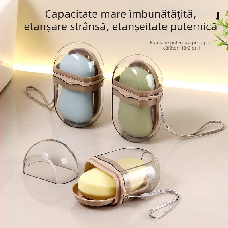 Cutie portabilă pentru săpun, cu design ușor luxos, pentru călătorii, cu capac și drenaj, spațiu compact de stocare a săpunului