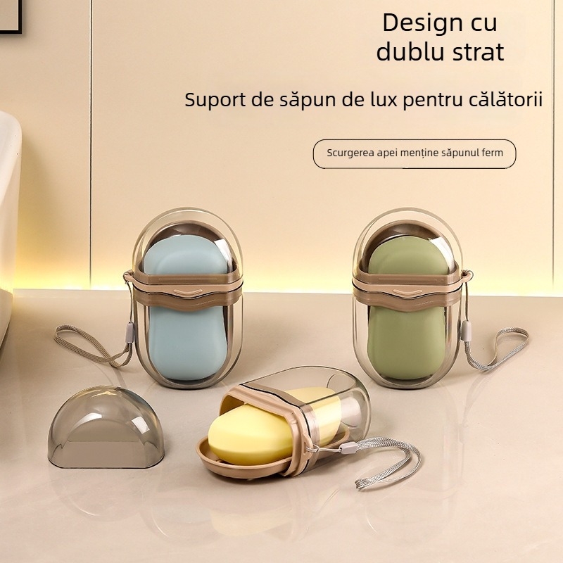 Cutie portabilă pentru săpun, cu design ușor luxos, pentru călătorii, cu capac și drenaj, spațiu compact de stocare a săpunului