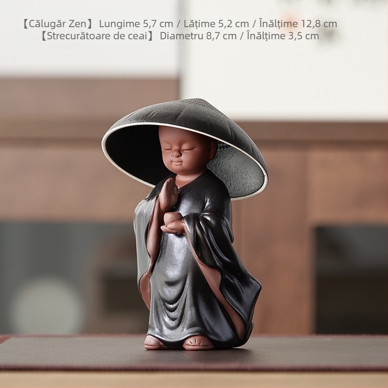Filtru de ceai ceramic conic, cu un mic călugăr creativ, tavă pentru ceai, decor Zen, set de ceai din lut mov