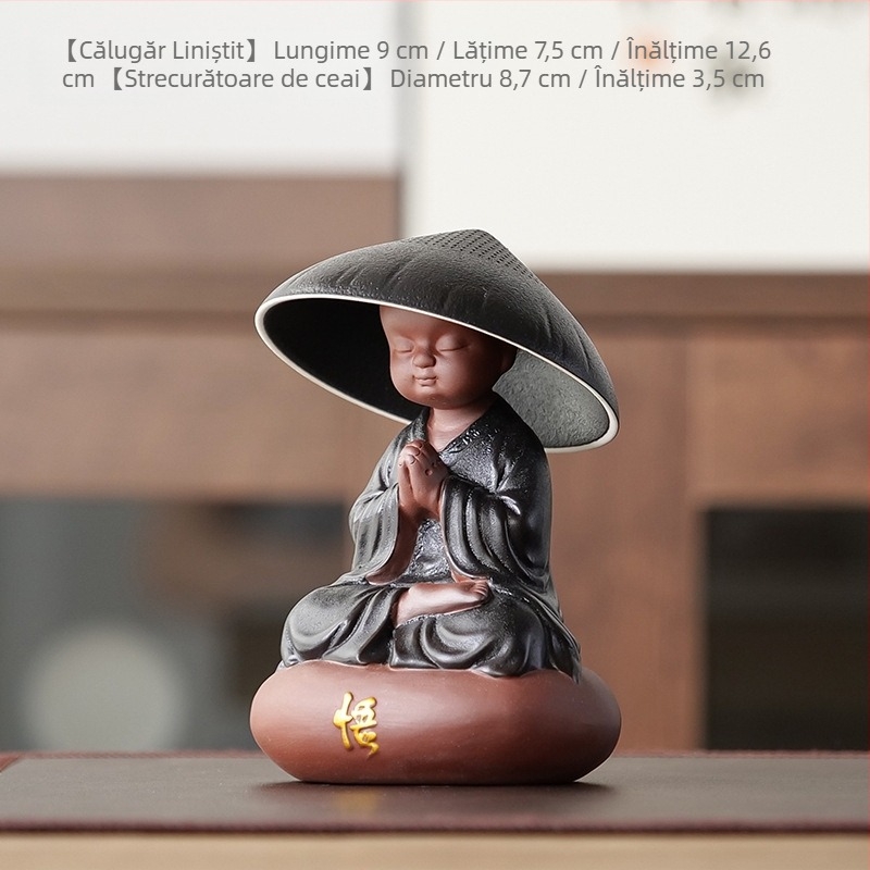 Filtru de ceai ceramic conic, cu un mic călugăr creativ, tavă pentru ceai, decor Zen, set de ceai din lut mov