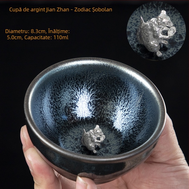Ceșuță de ceai în stil Jian Zhan, corp din fier cu încrustații de argint, motiv albastru Qilin, douăsprezece zodii, cană Gongfu lucrată manual