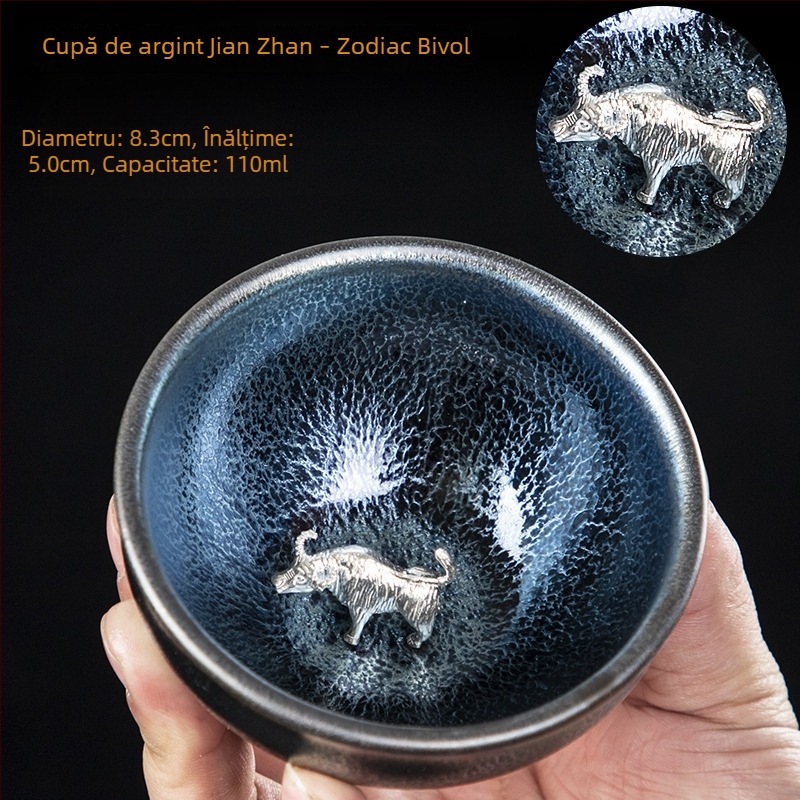 Ceșuță de ceai în stil Jian Zhan, corp din fier cu încrustații de argint, motiv albastru Qilin, douăsprezece zodii, cană Gongfu lucrată manual