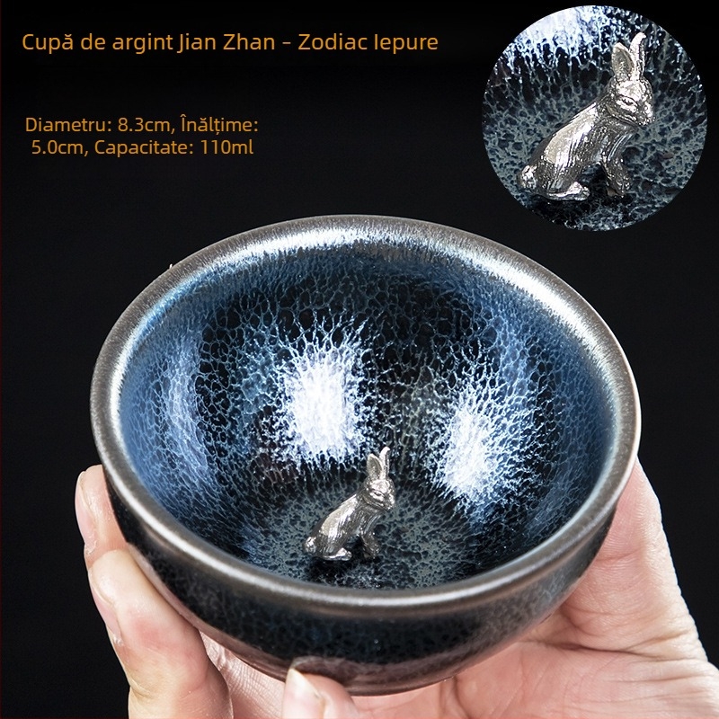 Ceșuță de ceai în stil Jian Zhan, corp din fier cu încrustații de argint, motiv albastru Qilin, douăsprezece zodii, cană Gongfu lucrată manual
