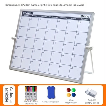 Panou compact de birou cu calendar dublu‑față, tablă magnetică și suport pentru notițe