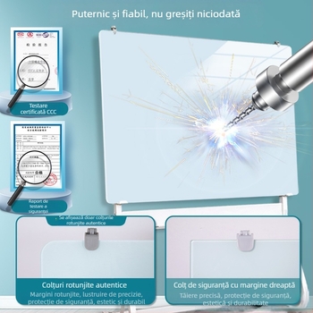 Tablă de scriere din sticlă securizată magnetică, cu suport pe roți – pentru casă, învățământ și birou