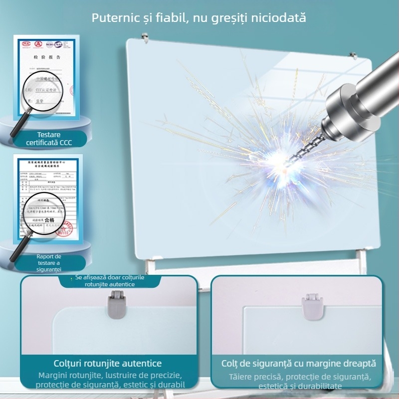 Tablă de scriere din sticlă securizată magnetică, cu suport pe roți – pentru casă, învățământ și birou